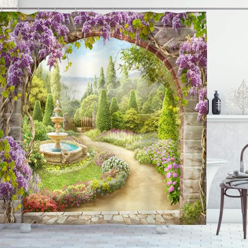 OCEUMACO Garden Shower Curtain Outdoor, 3D Gate Flowers Scenery Decorative Shower Curtains Bathroom, Waterproof Fabric Bath Curtain Garden Scene View with Hooks 200x200 cm, A012