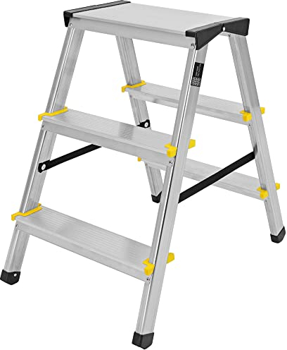Trittleiter Aluminium Leiter beidseitig begehbar, 3 Stufen, 150kg Traglast TÜV geprüft (2x3 150 TÜV)