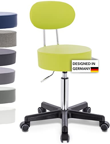 1stuff Rollhocker Squash 35 BACKLIKE mit Rücken-Lehne - ca. 51-71 cm Sitzhöhe - kompakter Bürohocker - Praxis-Hocker - bodenschonende PU-Rollen - Drehhocker - Therapiehocker - Sitzhocker Hellgrün