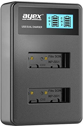 ayex Double Chargeur USB pour Batteries Sony Li-ION Type NP-BX1 - Chargement Via Prise USB, Ordinateur Portable, Batterie Externe ou PC - Écran LCD avec indicateur de Charge