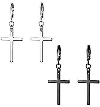 JewelryWe Schmuck 2 Paar Unisex Creolen, Edelstahl Klassisches Kreuz Ohrringe Ohrstecker Ohrhänger Ohr-Piercing für Herren Damen, Schwarz Silber