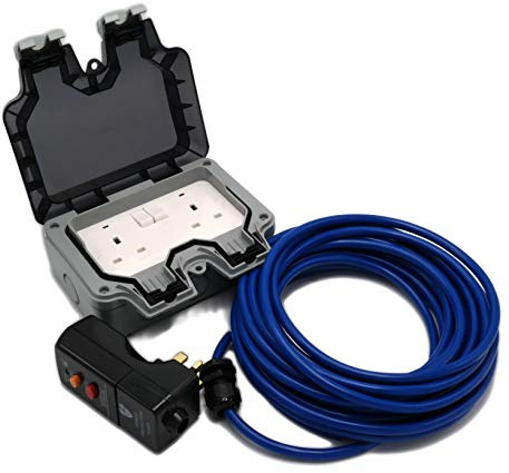 HDIUK Outdoor Mains Two Socket Wiring kit RCD Plug, Cable, Twin IP66 Switched 13Amp UK Sockets (15 Metre Cable, Blue Cable)
