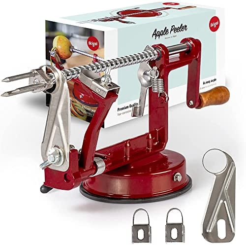 Ikigai Apple Peeler Slicer Corer - Heavy Duty Apple Pealer with Suction Base - Old Fashioned Spiral Cutter - Durable Peeling Machine - Including 3 Additional Replacement Blades