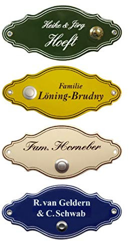 Emaille-Klingel-Namensschild-Klingelschild-Form Türschild-175 x 75 mm-Türklingel-Klingel-mit Wunschtext (525 = Schild mit Klingel links + 2 Textzeilen)