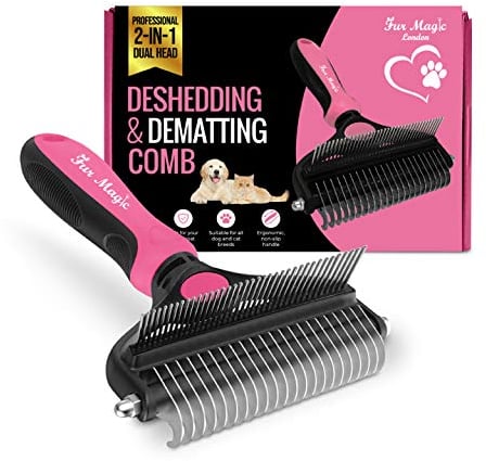 Fur Magic Deshedding and Dematting Comb Double Sided Undercoat Rake Pet Grooming Brush Removing Mats, Knots & Tangles for Dogs and Cats with Long and Medium Hair, Pink