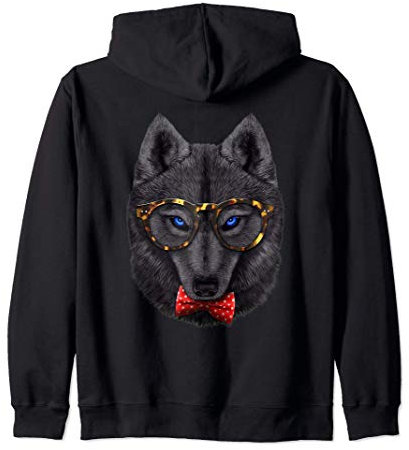 Schwarzer Wolf, die klassische Brille und Fliege trägt Kapuzenjacke