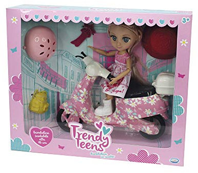 ODS Trendy Teens Mini Fashion Doll in Scooter. Poupée articulée avec Scooter, Casque, Chapeau, Sac à Dos et Brosse à Cheveux. Hauteur de la poupée : 16 cm