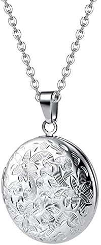 TOFBS Bilder Medaillon zum öffnen mit Kette Rund Blume Damen Herren Halskette Edelstahl Amulett Anhänger mit foto Schmuck (Silber)