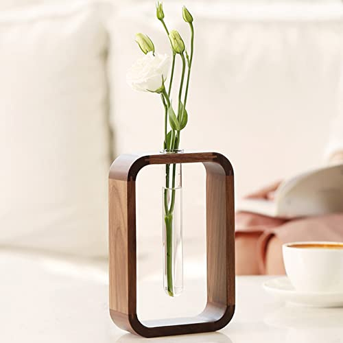 TREELF Transprent Glass Vase Test Tube Vase Hydrophilic Plants Vase Plant Holder Walnut Wooden Frame Flower Stand Table Garden Bonsai Decor,Gifts for Women, Home Office Decor Planter (Small)