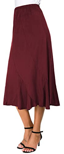EXCHIC Mujeres Elegante Elástica Alta Cintura Gamuza Midi Falda Casual A Línea Largo Faldas(L, Rojo Vino)