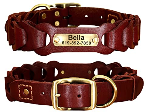 Didog Personalisiertes Hundehalsband aus echtem Leder mit individuellem Namensschild, strapazierfähig, geflochten, für mittelgroße und große Hunde, Rot XL
