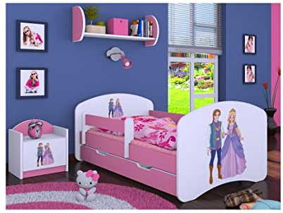 BDW Kinderbett mit Matratze und Bettkasten - NEU, 140/160/180/190 Verschiedene Motive Für Junge ROSA (Prinzessin mit Prinz, 180x90)