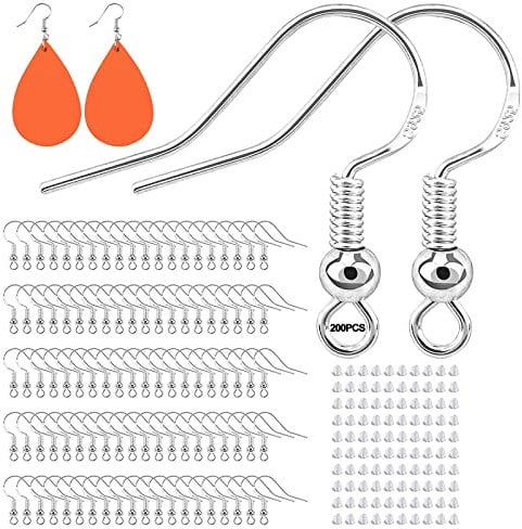 Fozuanei 100 Pcs Sterling Silver Earring Hooks with 100 Pcs Clear Silicone Earring Backs, DIY Jewelry Making Kit, Hypoallergenic, Silver