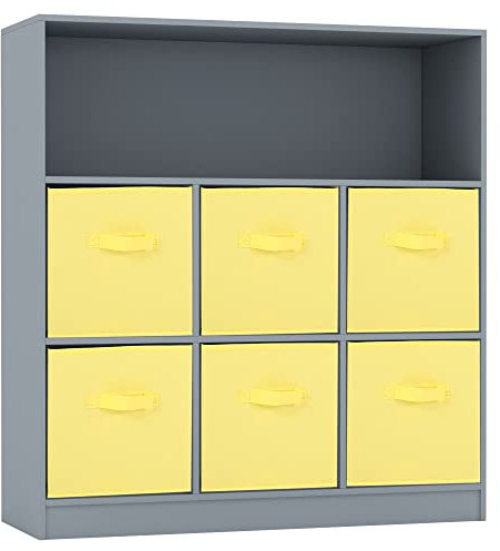 URBNLIVING Wooden Wide 7 Cubed Cupboard Bookcase Storage Units Shelves 6 Drawers Baskets (Yellow Drawer, Grey Bookcase)