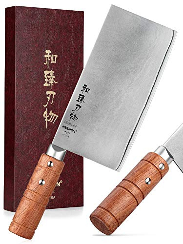 HEZHEN 7 Cleaver Knife, Composite Steel Chinese Kitchen Chef Knife, Clad Steel Butcher Knife, Padauk Wood Handle