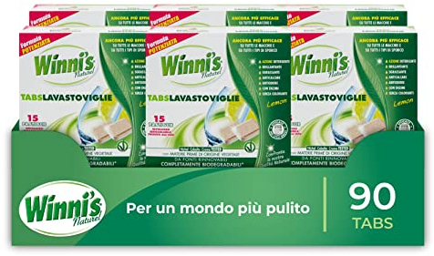 Winni's - Plaquettes pour Lave-vaisselle, 90 Tabs, Détergent Multiaction, Dégraissant, Anti-odeur et Brillant, Parfum Citron, Paquet de 6