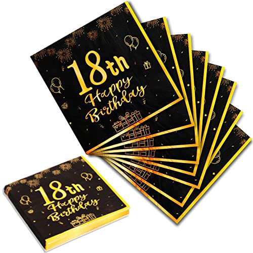 Yiran Servietten 18 Geburtstagsdeko,Mann Frau Servietten 20 Stück Schwarze Gold Happy Birthday Servietten 33cm x 33cm Papierservietten Party Supplies Tischdekoration Geburtstag Feiern Party Jubiläum