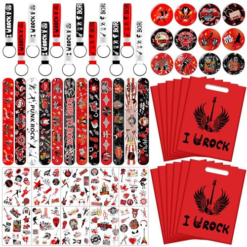 110 Dekorationen für Rock'n'Roll-Partygeschenke, darunter 50 Aufkleber, 12 Schlüsselanhänger, 12 Abzeichen, 12 Armbänder, 12 Beutel und 12 Tattoobögen
