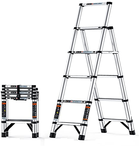 Teleskop-Verlängerungsleiter, Teleskopleiter, Aluminium-Verlängerungsstufenleiter, zusammenklappbare Teleskopleiter, A-Rahmen-Teleskopleitern, mit extra Breiten Stufen und rutschfe