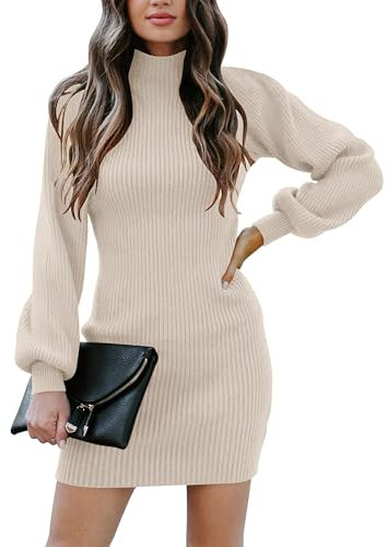 Timuspo Women's Turtle Neck Jumper Dress Long Sleeve Knit Dress Slim Fit Knitwear Mini Bodycon Dress for Autumn Winter