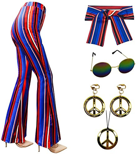 XonyiCos 60er 70er Jahre Frauen Kostüme Zubehör Hippie Hosen Bell Bottom ausgestellte Hosen Yoga Hosen für 70er Jahre Theme Party Halloween Cosplay (Blau, XL)