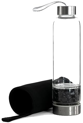 INTIRILIFE Trinkflasche Wasserflasche mit Heilsteinen und schwarzer Tasche - Schwarzer Obsidian - 400 ml Füllmenge - Flasche mit Edelsteinen Mineralsteinen