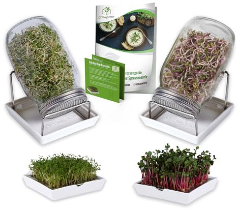 GROWPOWR® 𝟐𝐱 Kresse Anzuschalen mit Kressesieb + 𝟐𝐱 950ml Keimglas mit Keramikschale | Das einzige Anzuchtset mit Sprossen & Kresse Guide | Sprossen Keimschalen Set