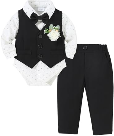 ZOEREA Baby Jungen Gentleman Anzug 0-18 Monate, Kleinkind Hochzeit Taufe Festliche Langarm Strampler Hemd + Fliege + Weste + Korsage + Hosenträge