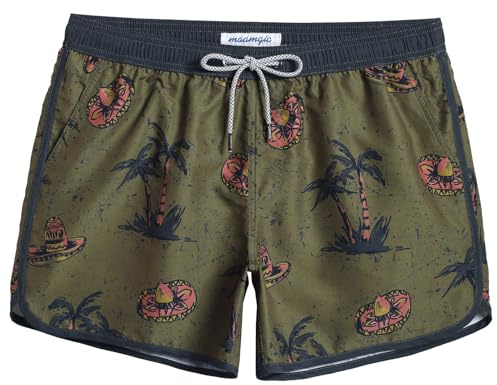 MaaMgic Mens 5 Short 70s 80s 90s Vintage Swim Trunks Quick Dry Bathing Suits Swimming Shorts Swimsuits Board Shorts,Green Brown Vintage Hat Palm 4.5,XXL