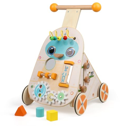 Jacootoys Passeggino di legno per attività, giocattolo per bambini a spinta a velocità regolabile, passeggino di legno da spingere e tirare per bambini, bambine e ragazze di 1, 2 e 3 anni.