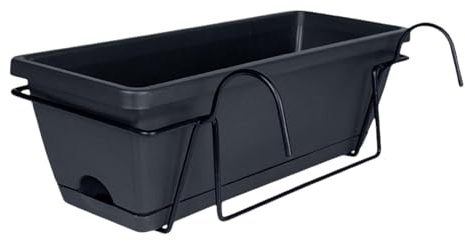 perfk Balkongeländer-Pflanzgefäß, Pflanzkorb, Zaun-Pflanzgefäß mit Gestell und Tablett, Blumentopf, Fensterkasten, Pflanzgefäß für Terrasse, Hof, Land, Dunkelgrau