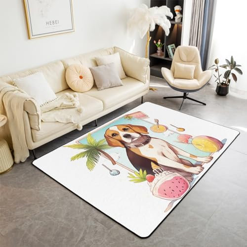 Cartoon Dog Area Rug 150X200 Cute Dog Pet Animal Indoor Floor Mat Ice Cream Orange Summer Palm Leaf Carpet Hawaiian Decorative Accent Rug for Kids Boys Girls,Non Shedding