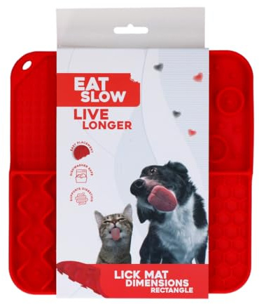 Eat Slow Live Longer Leckmatte - 21 x 21 cm - Quadratisch - Schnüffelmatte - Anti-Schnüffelmatte - Langsam Füttern Tablett - 100% Silikon - Leckmatte für Hunde - Spülmaschinenfest - Tablett - Rot