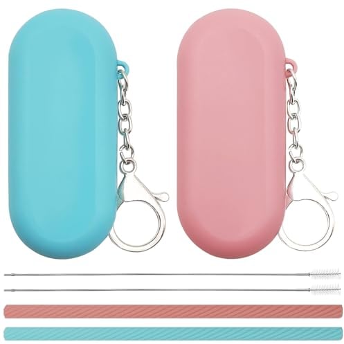 Lot de 2 pailles en silicone avec étui, réutilisables pour bateau de croisière, pailles pliables et portables + brosse de nettoyage en profondeur + étui de transport avec porte-clés, pour voyage et