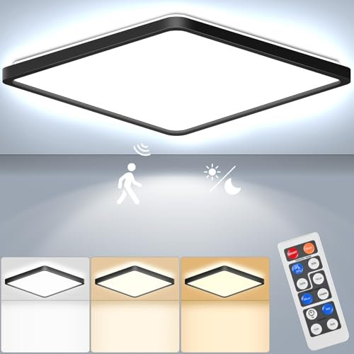 RDGOOD 24W Sensor LED Deckenleuchte Dimmbar mit Bewegungsmelder, 2400LM Radar LED Deckenlampe, 3000K/4500K/6500K Dimmbar Sensorlampe Für Bad, Garage, Keller, Flur, Balkon, Diele 30x30x2,5CM