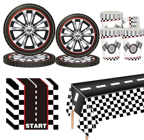 Racing Black and White Checkered Party Tableware Set,69pcs Racing Car Dinnerware Tire Paper Plates Cups Napkins and Checkered Tablecloth for Race Car Party,Boys Kids Birthday Parties Table Decoration