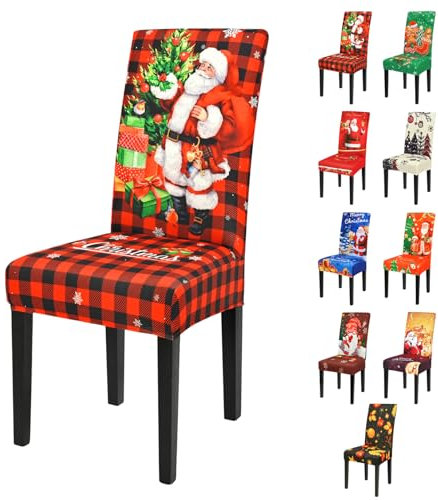 Yugarlibi Weihnachten Stretch Stuhlhussen 4er Set Weihnachtsmann Stuhlbezug Schwingstuhl Universal Elastische Hussen Abnehmbare Waschbare Stühle Schutz für Esszimmer Hotel Party (4 Stück, Kariert)