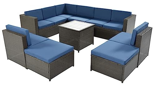MOLVUS 9 PCS Piece Rattan Sectional Seating Group, Outdoor Patio Garden chair Brown Wicker Sectional Conversation Sofa Set imitation bamboo rattan with Cushions Pillows Cover