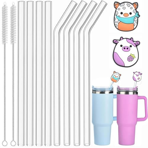 12Pcs Glass Straws for Stanley 30/40oz Tumbler Epehio Replacement Stanley Cup Straw Reusable Stanley Cup Accessories with Cover & Cleaning Brush Stanley Straw for Stanley Adventure Water Bottle
