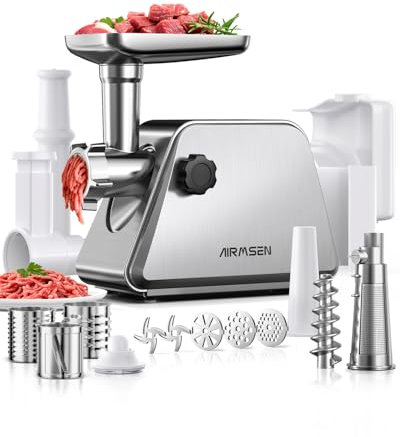 AIRMSEN Hachoir à viande électrique 5 en 1 – Machine à viande multifonction avec 2 lames en acier inoxydable, 3 plaques de broyage, 3 embouts de coupe, cube et saucisse, rapide et silencieux, idéal