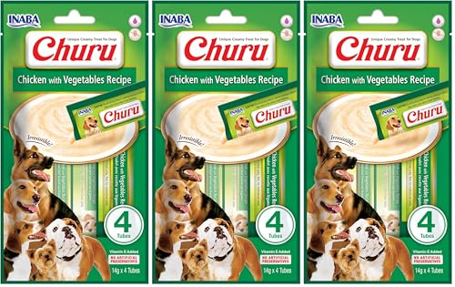 INABA Churu Püree, Leckerlis für Hunde zum Füttern aus der Hand, Köstlicher Hunde-Snack zum Schlecken, Leckerchen in handlichen Portionen Huhn mit Gemüse, 1 Pack 4x14g (Packung mit 3)