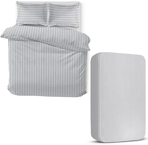 MOONLIGHT20015 4 Piece King Bedding Set Satin Stripes Duvet Cover Fitted Sheet with Pillow cases Hotel Quality Soft Brushed Microfiber Silver