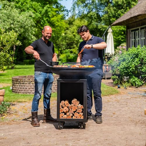 BBQ Plancha Grill Hermano XXL Blackline - Mit Holzlagerung Ø80cm Stahl-Backblech 8mm
