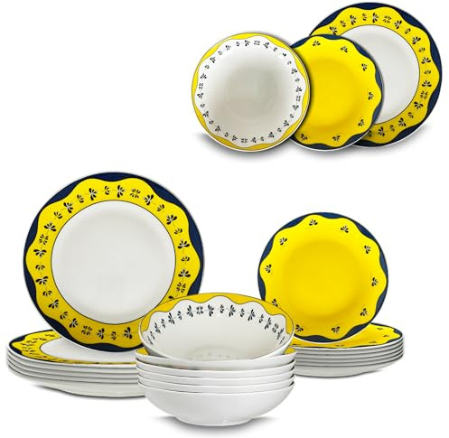 ARCA, Set 18 Piatti Coordinati Mantovano in Porcellana Decorata, Servizio per 6 Persone, con Piatti Fondi, Piani e da Dessert, Moderni e Colorati, Lavabili in Lavastoviglie