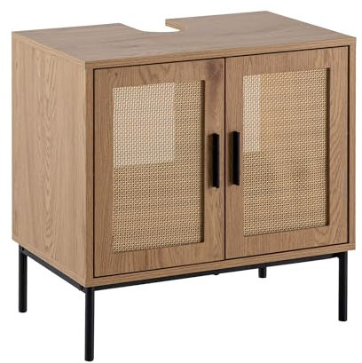 KADIMA DESIGN Meuble de salle de bain sous lavabo, aspect chêne, 60 x 60 x 40 cm, avec portes, en rotin tressé, meuble bas debout, armoire de salle de bain midi petit lavabo
