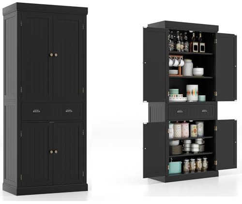 KOMFOTTEU Buffetschrank Hochschrank mit Doppeltür, Aufbewahrungsschrank Küchenschrank Holz 183cm, Türenschrank Vorratsschrank mit verstellbaren Einlegeböden & Schublade (Schwarz)