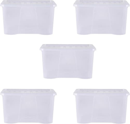 Wham Crystal Plastic Storage Boxes With Lids Home Office Stackable Nestable Container Box, 60L Easy fit Underbed Protective Storage Box, 60 x 40 x 33 cm - Tint Clear (Set of 5)