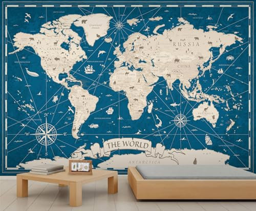 FACADUP Blue World Map Murals, Coastal Landmarks Wall Mural Wallpaper, Old Global Geography Art Wallpaper for Bedroom Living Room 200x140cm Artwork Background Wall Stickers (Not Self-Adhesive)
