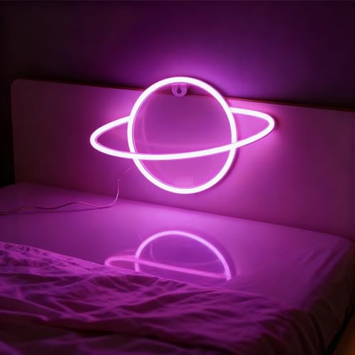 TLHWIN LED Neon Planet Wandleuchte, Pink | Batterie- oder USB-Betrieb, Dekorativ, Zum Aufhängen oder Aufstellen