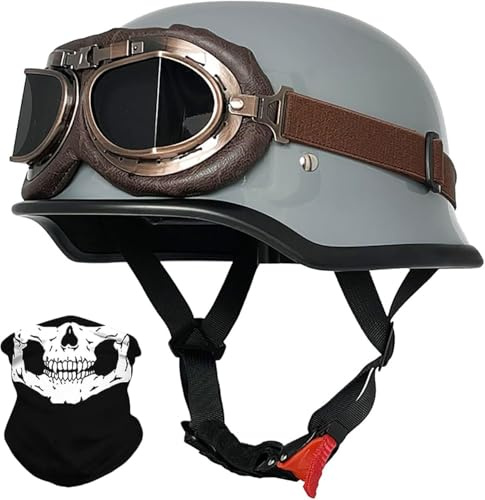 Vintage Tedesco Mezzo Casco Moto Con Occhiali, Casco A Faccia Aperta Retrò Omologato DOT/ECE, Casco Moto Jet Casco Scooter, Casco A Scodella Per Donna E Uomo Adulto 3,XL=61-62CM